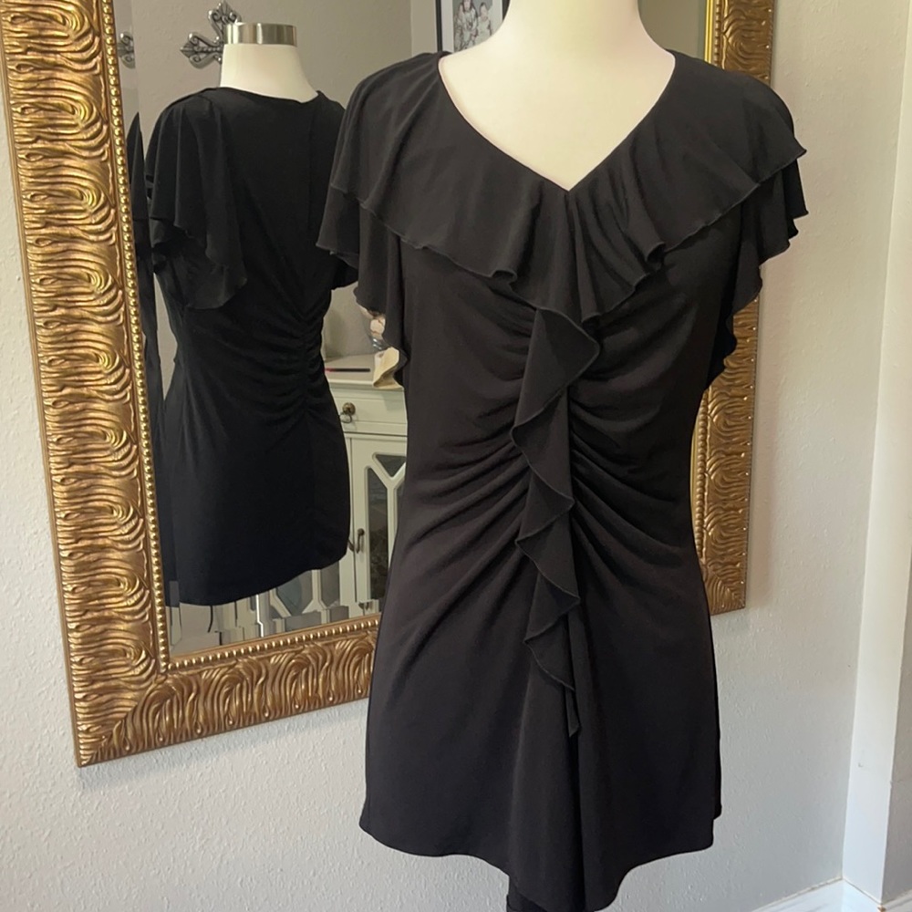 Elegant Black Ruffle-Front Tunic Top
